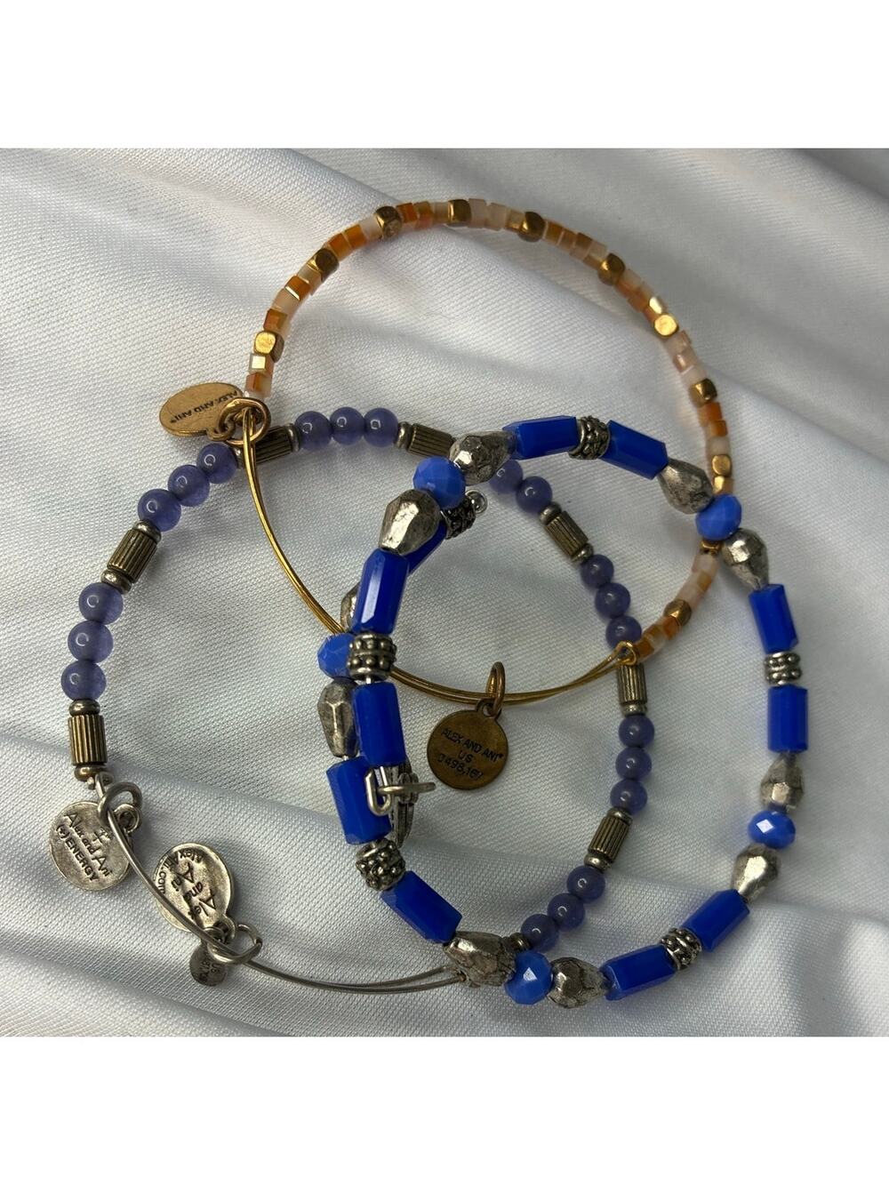 Alex and Ani Beaded Bracelet Stack Blue Gold Silver Tone Charm Bangle Set of 3
